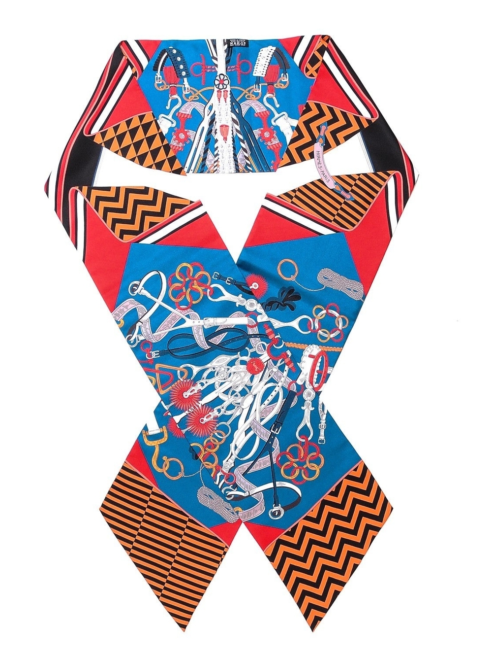Hermes Bouquets Sellier Blue Red Orange Silk Graphic Printed Maxi Twilly